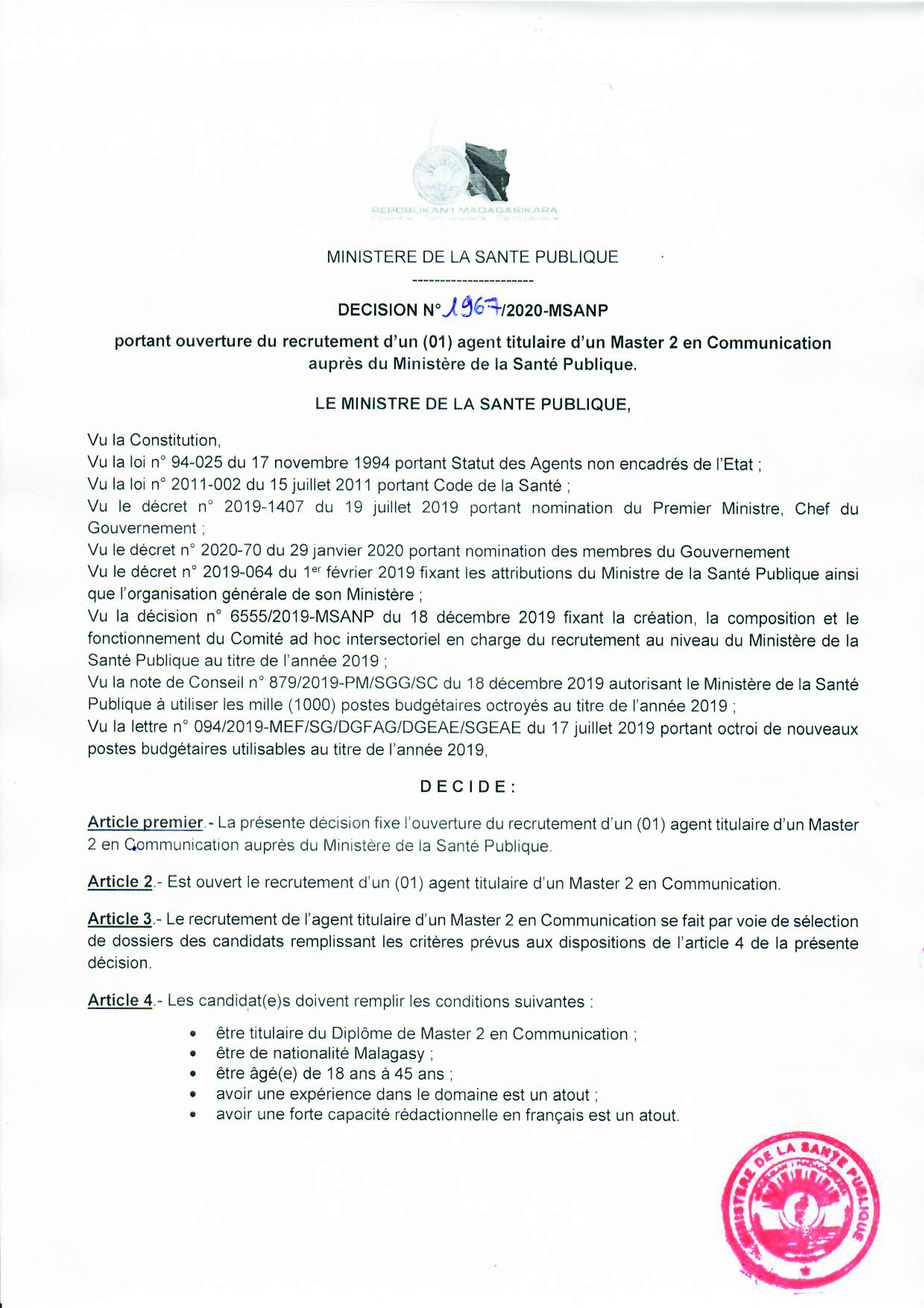 Avis de recrutement: Un (01) agent titulaire d’un Master 2 en Communication