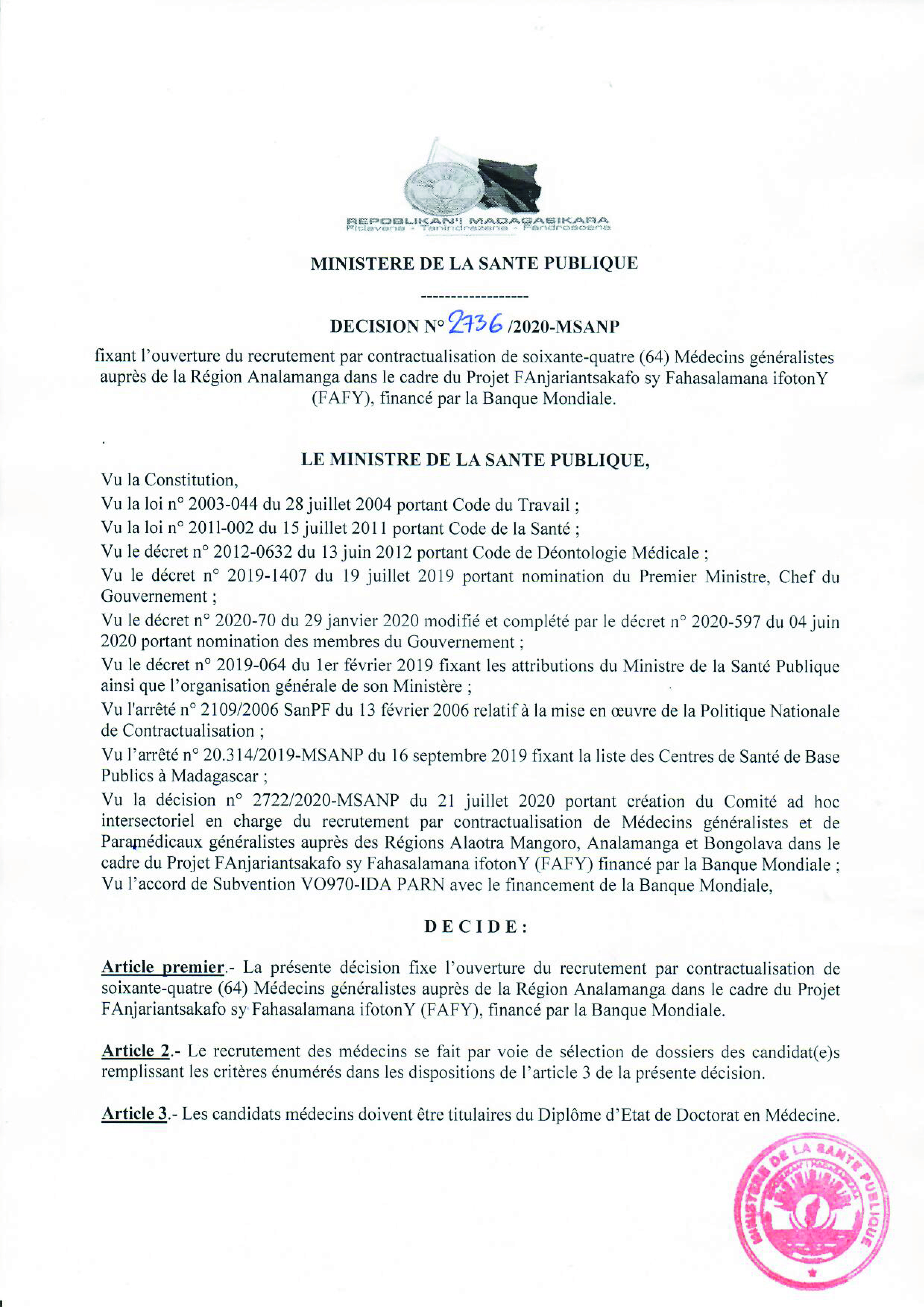 PROJET FAFY: Decision n° 2736 recrutement par contactualisation de 64 Médecins généralistes auprès de la Région Analamanga, financé par la Banque Mondiale.