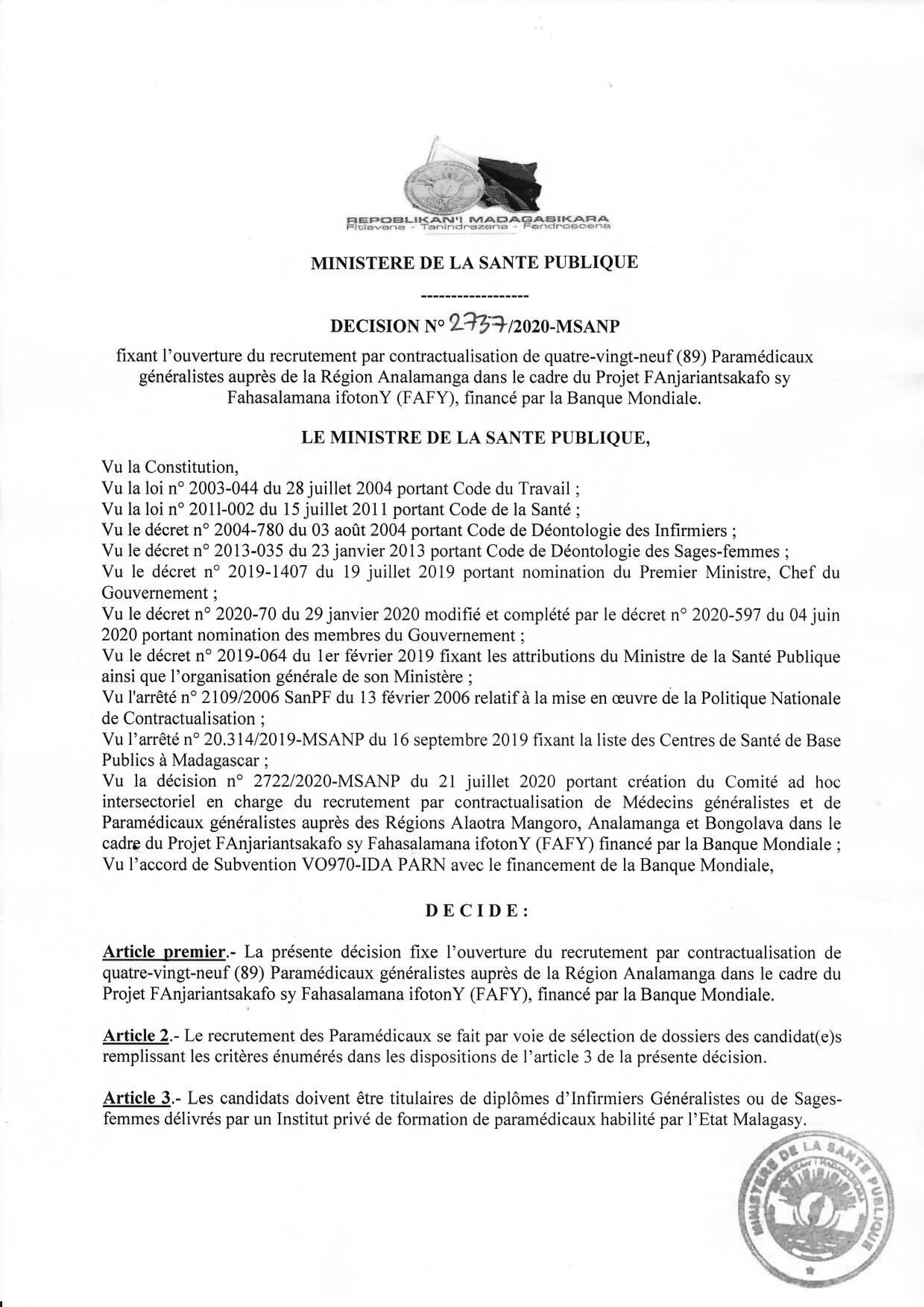 PROJET FAFY: Decision n° 2737 recrutement par contactualisation de 89 Paramédicaux généralistes auprès de la Région Analamanga, financé par la Banque Mondiale.