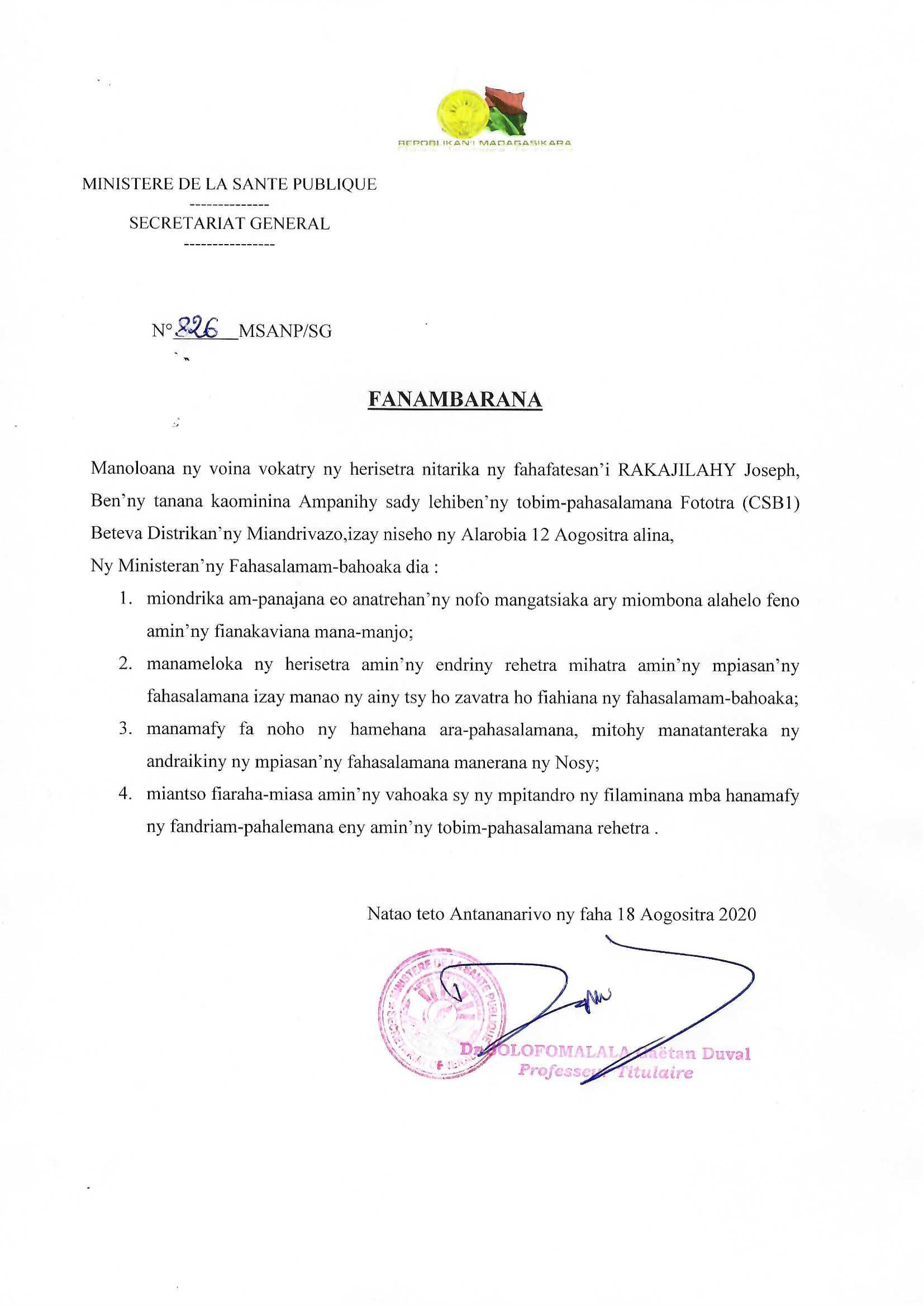 Fanambarana avy amin’ny Ministeran’ny Fahasalamam-bahoaka manoloana ny herisetra izay nihatra tamin’ny mpiasan’ny fahasalamana tato ho ato