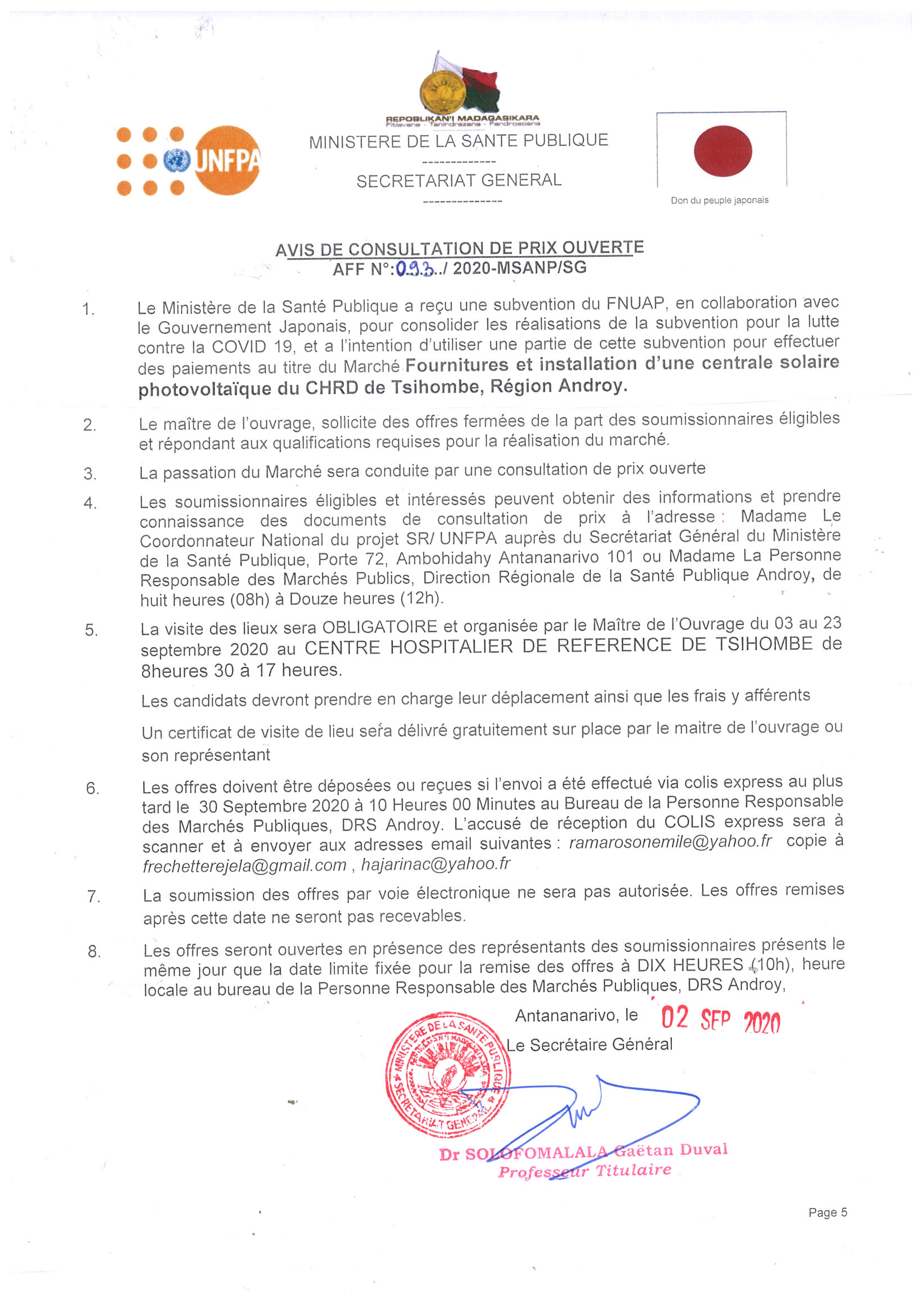 Avis de consultation de prix ouverte: Fournitures et installation d’une centrale solaire photovoltaïque du CHRD Tsihombe, Région Androy.