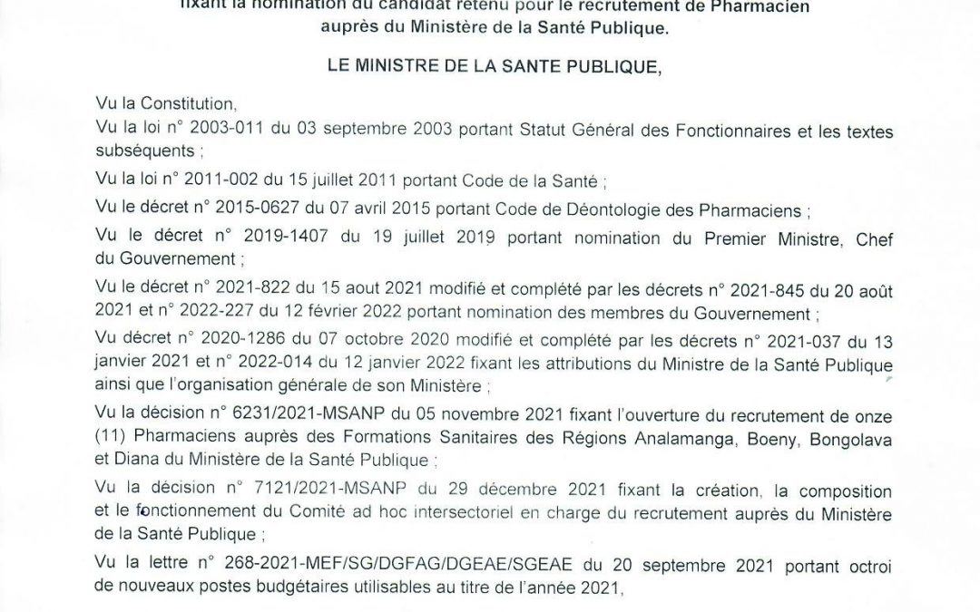 Décision n° 1647 fixant la nom du candidat retenu pour le recrutement de pharmacien auprès du Ministère de la Santé publique (MSANP).