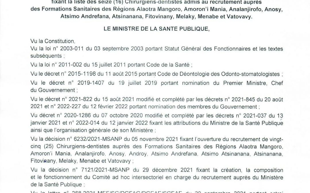 Decision n° 1646 fixant la liste des 16 chirurgiens-dentistes admis au recrutement auprès du MSANP