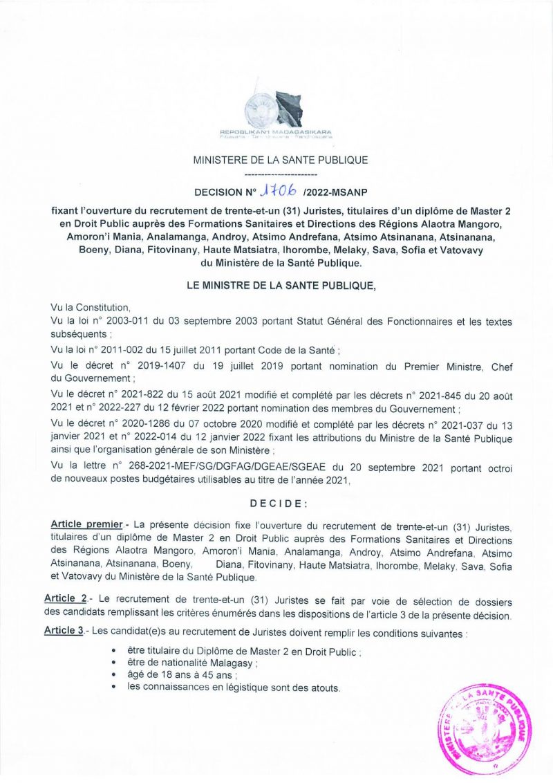 Décision n° 1706 fixant l’ouverture de recrutement de 31 Juristes, titulaires de Master 2 en Droit Public  auprès du Ministère de la Santé publique (MSANP).