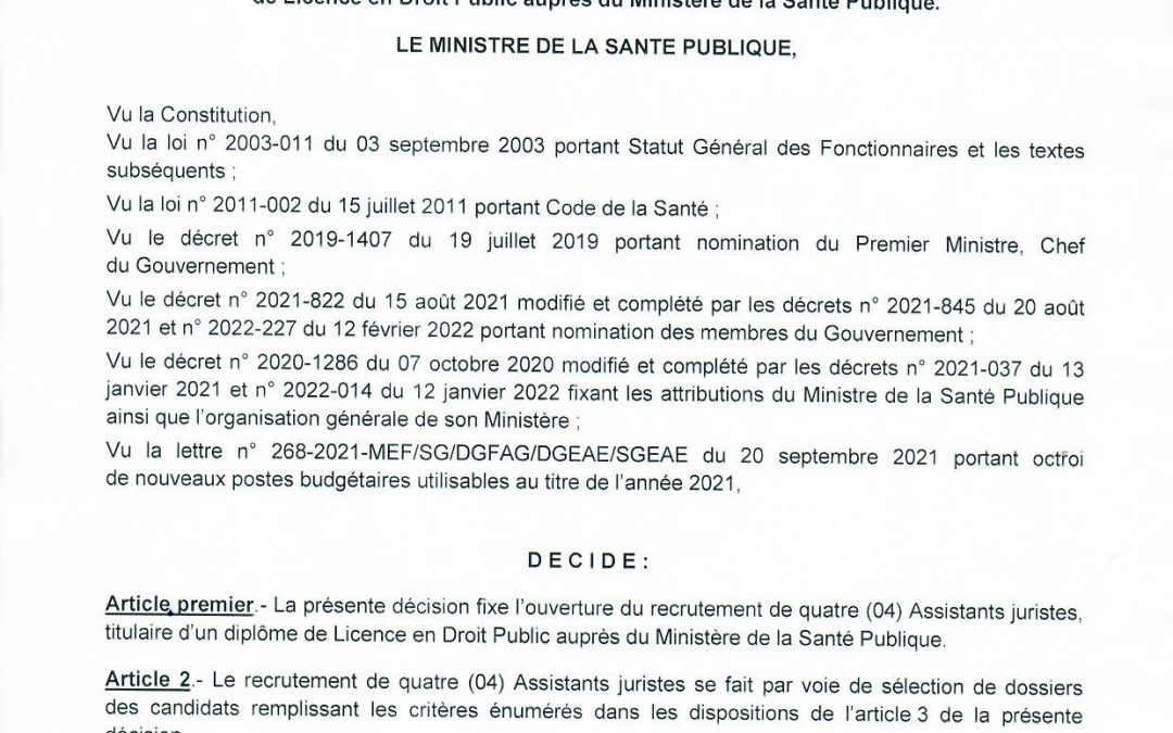 Décision n° 1707 portant ouverture du recrutement de 4 Assistants Juristes, titulaires d’un Diplôme de licence en Droit Public auprès du Ministère de la santé publique (MSANP).