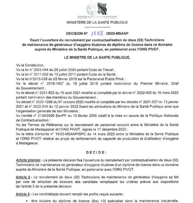 Décision N° 1888 fixant l’ouverture du recrutement par contractualisation de 2 techniciens de maintenance de générateur d’oxygène avec PIVOT.