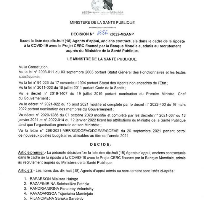 Décision N° 1886 fixant la liste des 18 agents d’appui ex-contractuels dans le cadre du Projet CERC financé par la Banque Mondiale, recrutés auprès du Ministère de la Santé Publique.